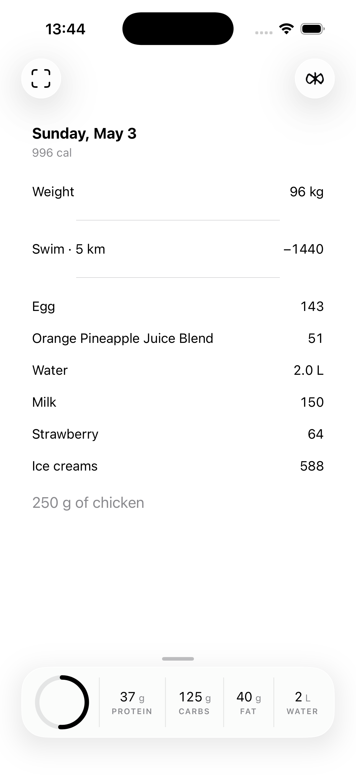 assa Journal showing food and water entries